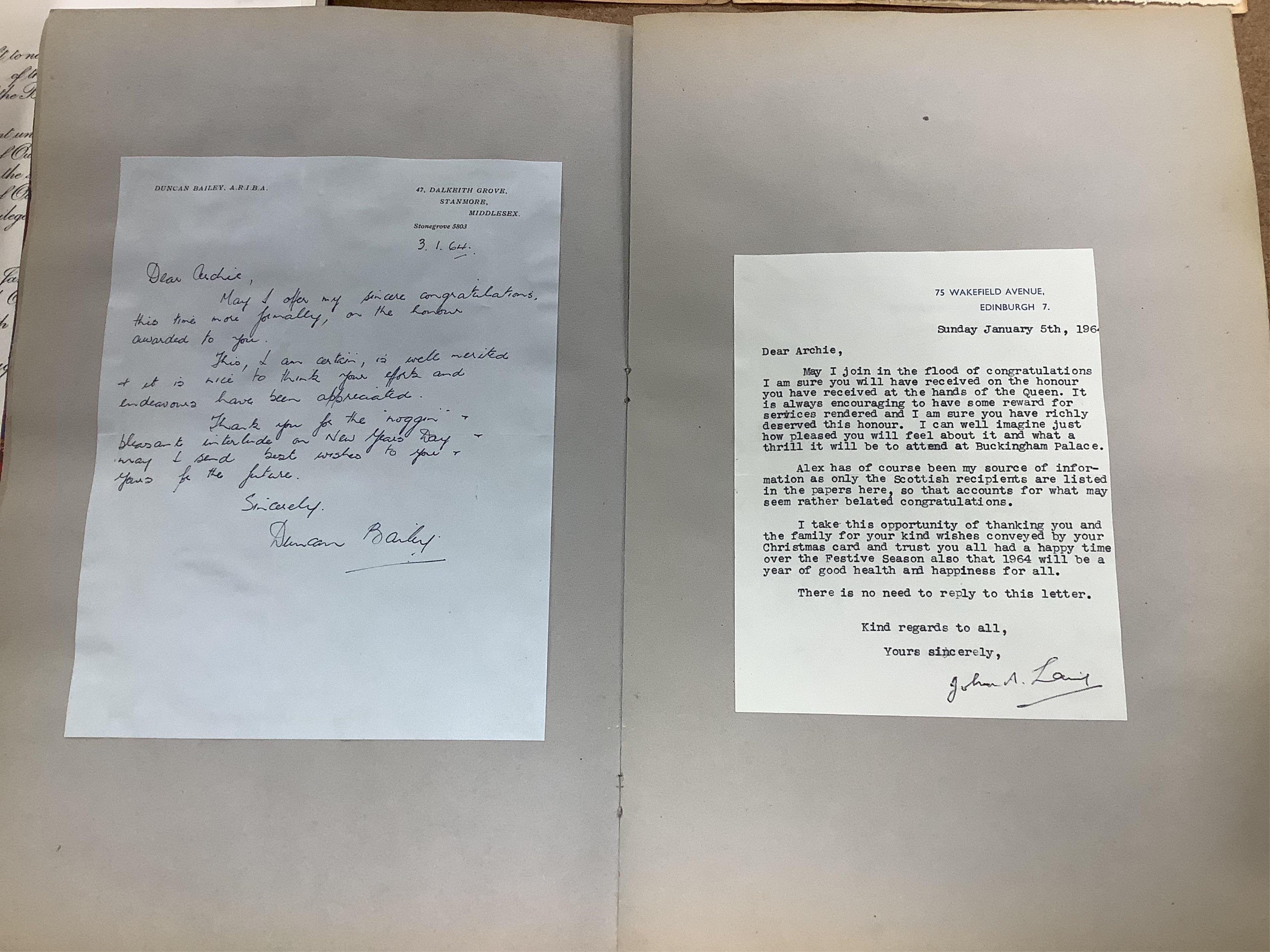 An MBE for Archibald Lees with miniature and an Imperial Service Medal for Thomas Lees, a silver coaster and silver match case with coronet over ‘E’ and ‘Holyrood 1925’ to reverse